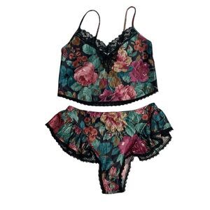 90s Vintage Petra Fashions Floral Lace Lingerie Sleep Set Small Medium